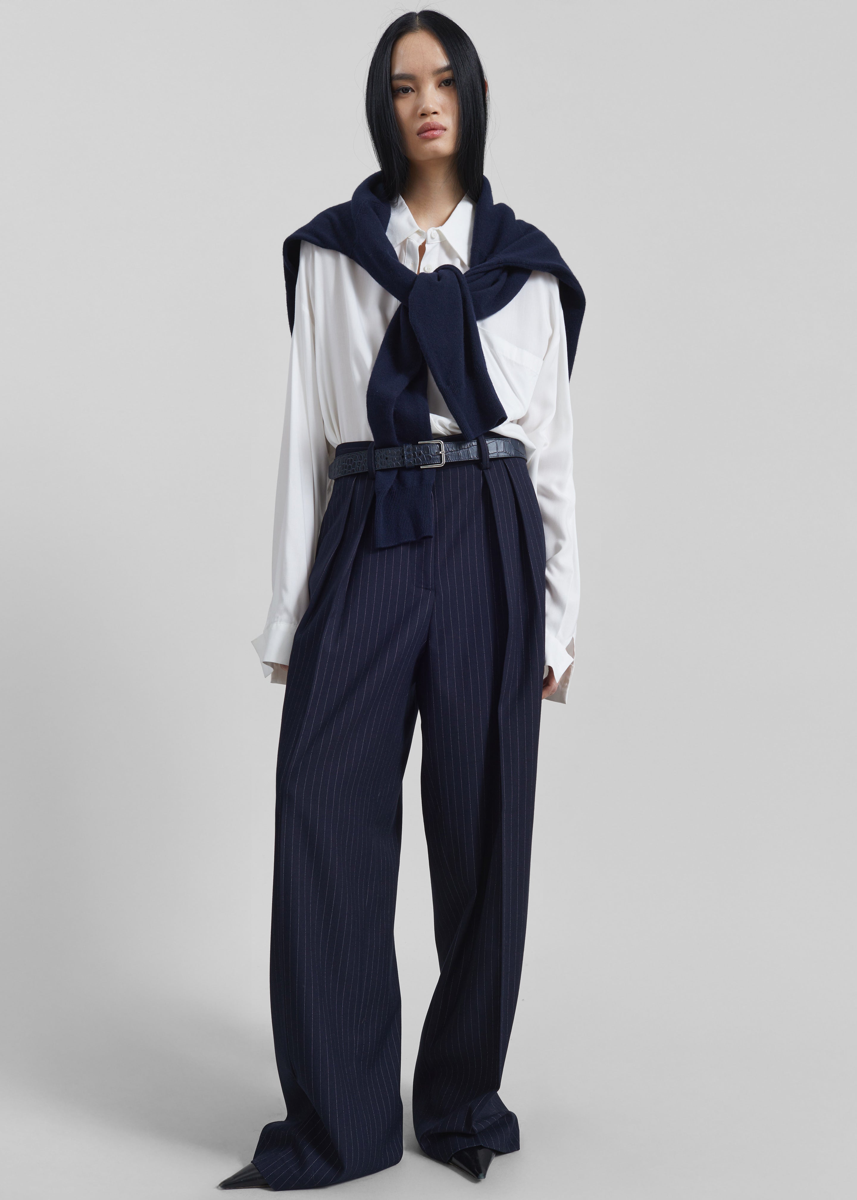 Tansy Pleated Trousers - Navy Pinstripe