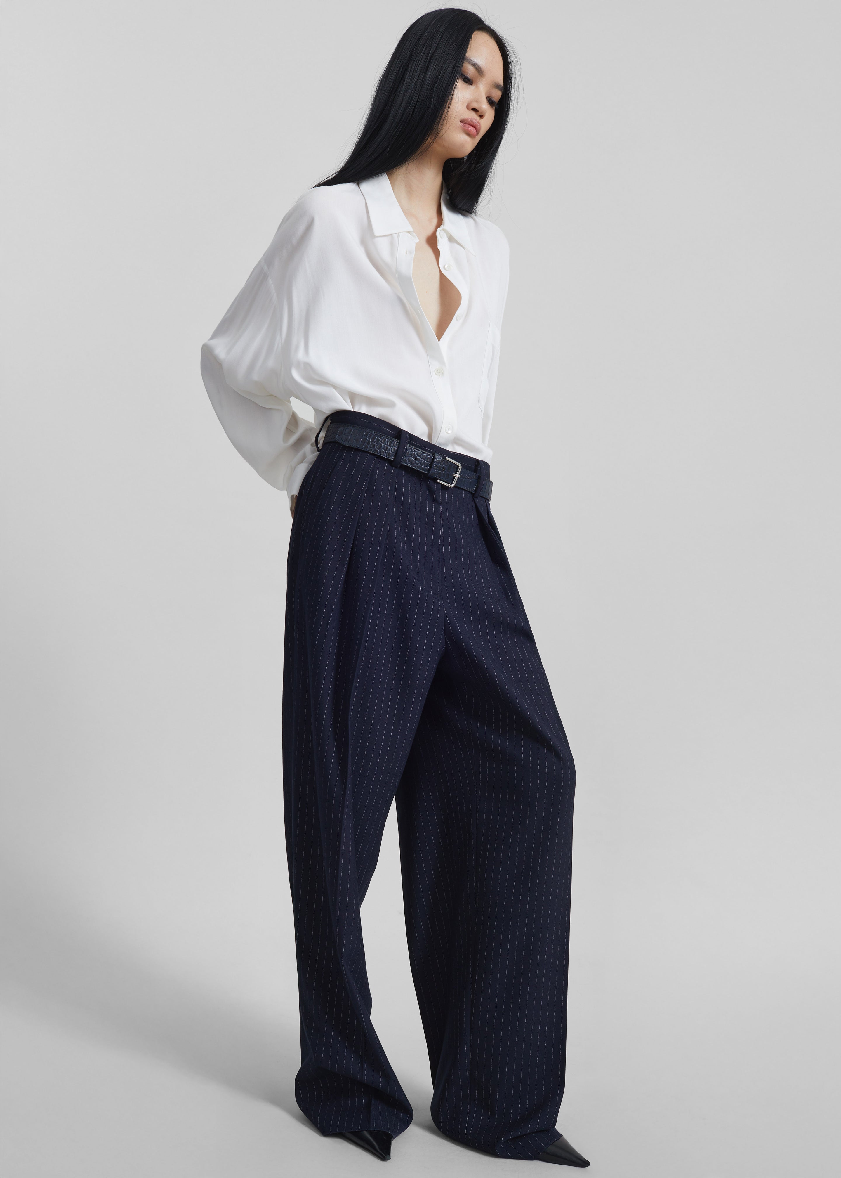 Tansy Pleated Trousers - Navy Pinstripe