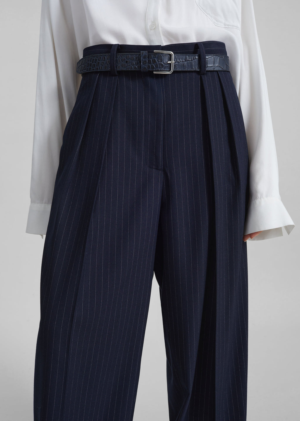 Tansy Pleated Trousers - Navy Pinstripe