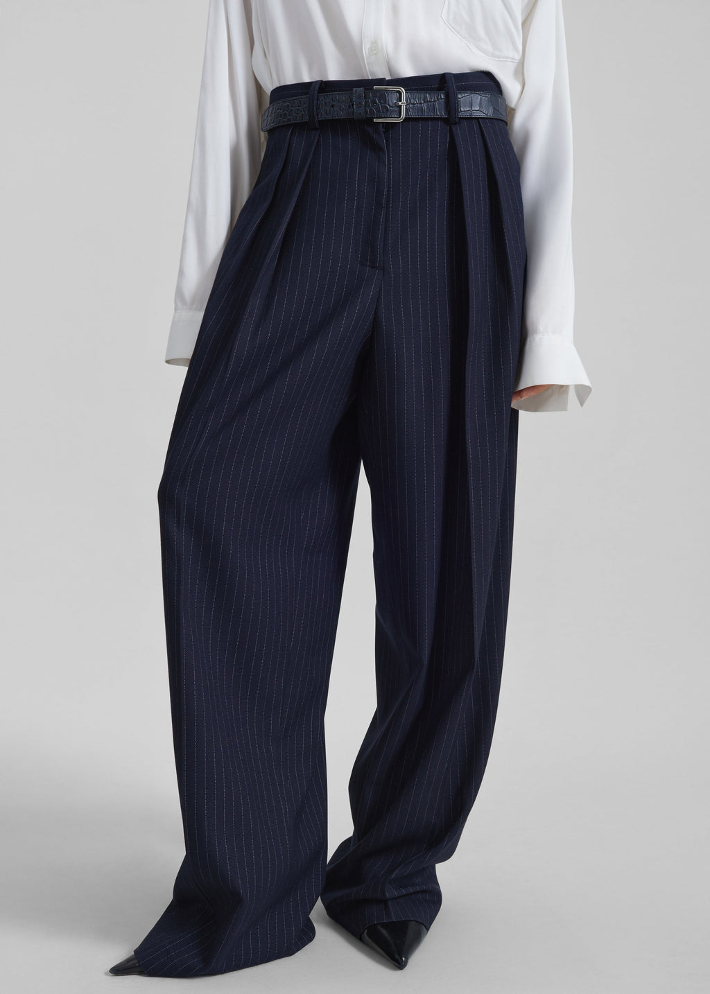 Tansy Pleated Trousers - Navy Pinstripe