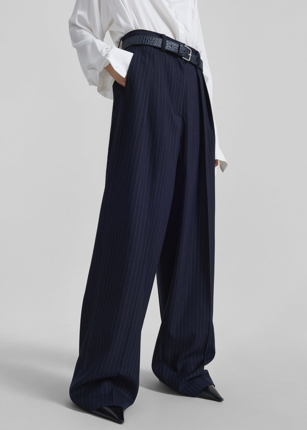 Tansy Pleated Trousers - Navy Pinstripe