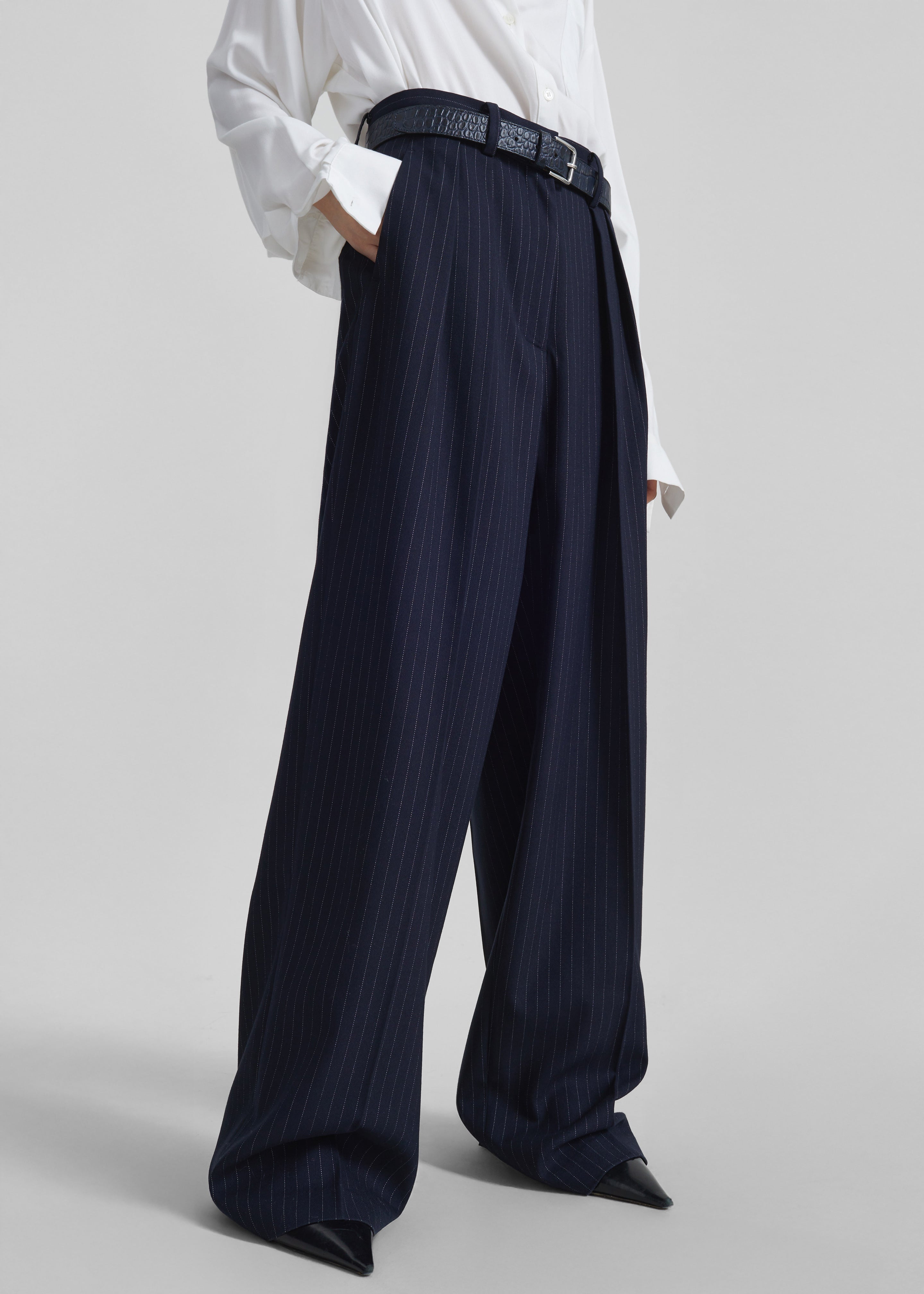 Tansy Pleated Trousers - Navy Pinstripe