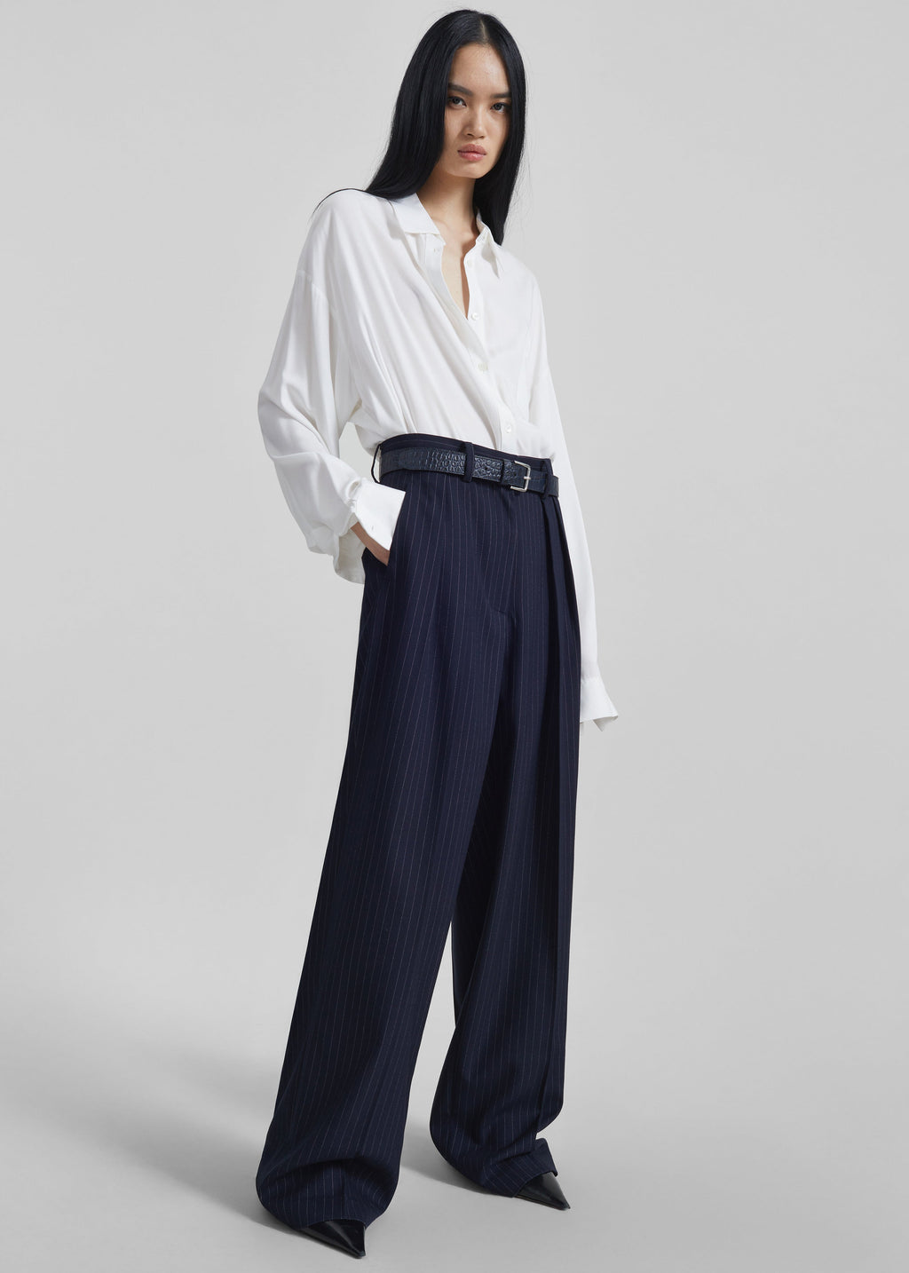 Tansy Pleated Trousers - Navy Pinstripe