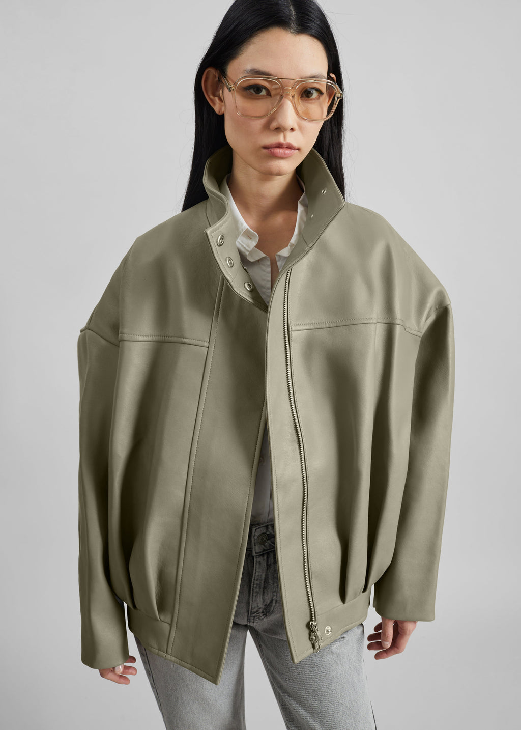 Veren Faux Leather Bomber Jacket - Sage