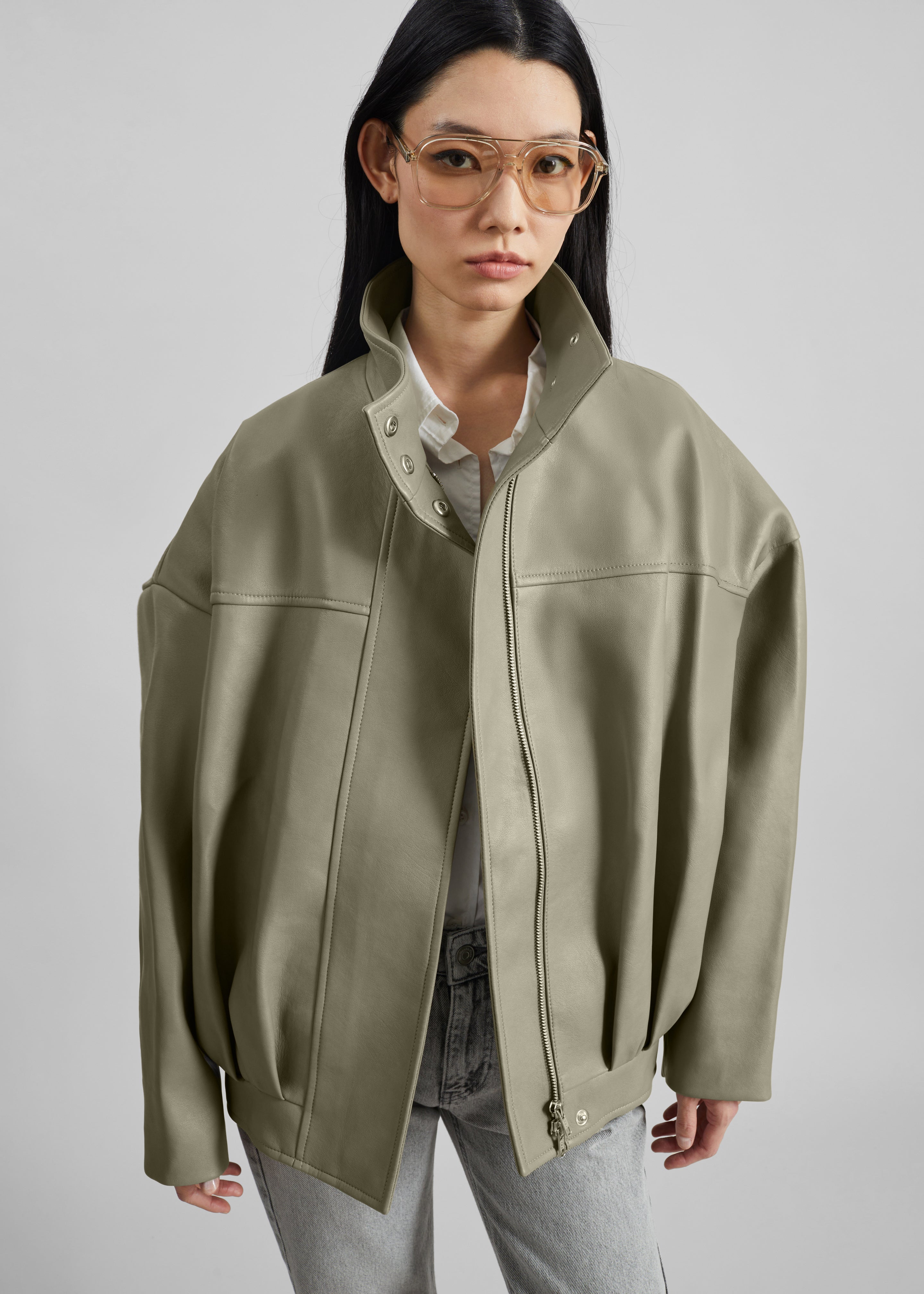 Veren Faux Leather Bomber Jacket - Sage