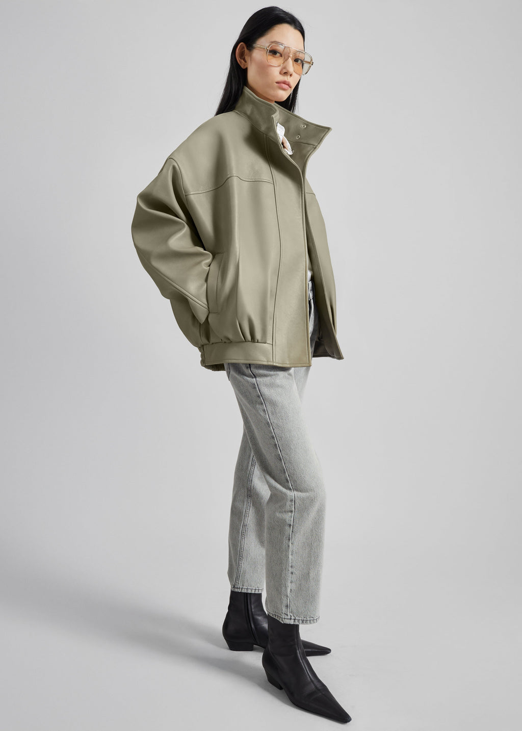 Veren Faux Leather Bomber Jacket - Sage