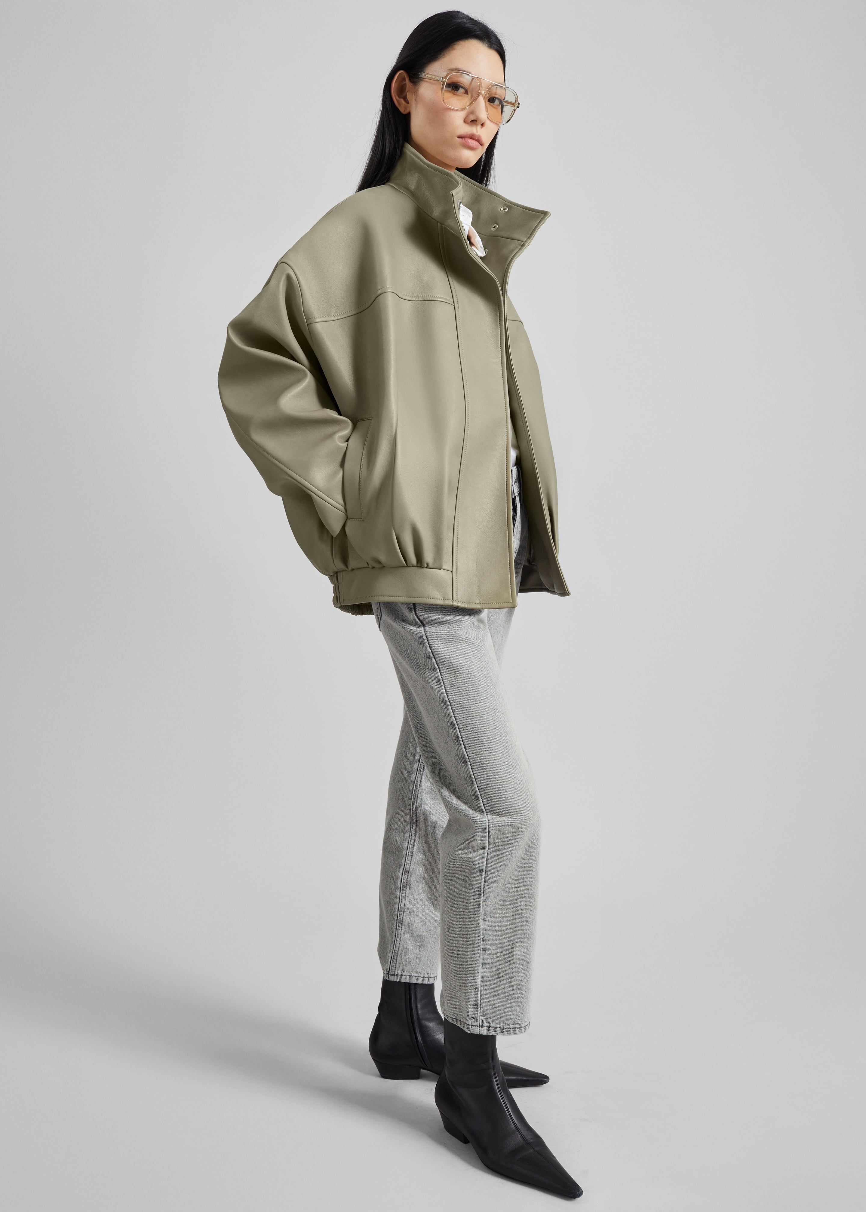 Veren Faux Leather Bomber Jacket - Sage