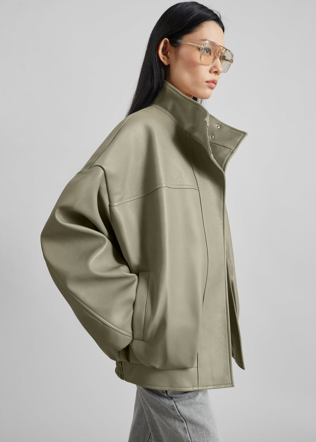 Veren Faux Leather Bomber Jacket - Sage