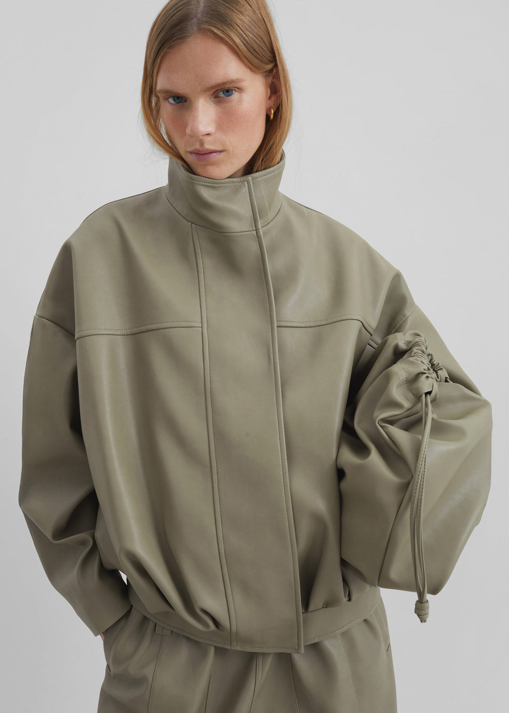 Veren Faux Leather Bomber Jacket - Sage