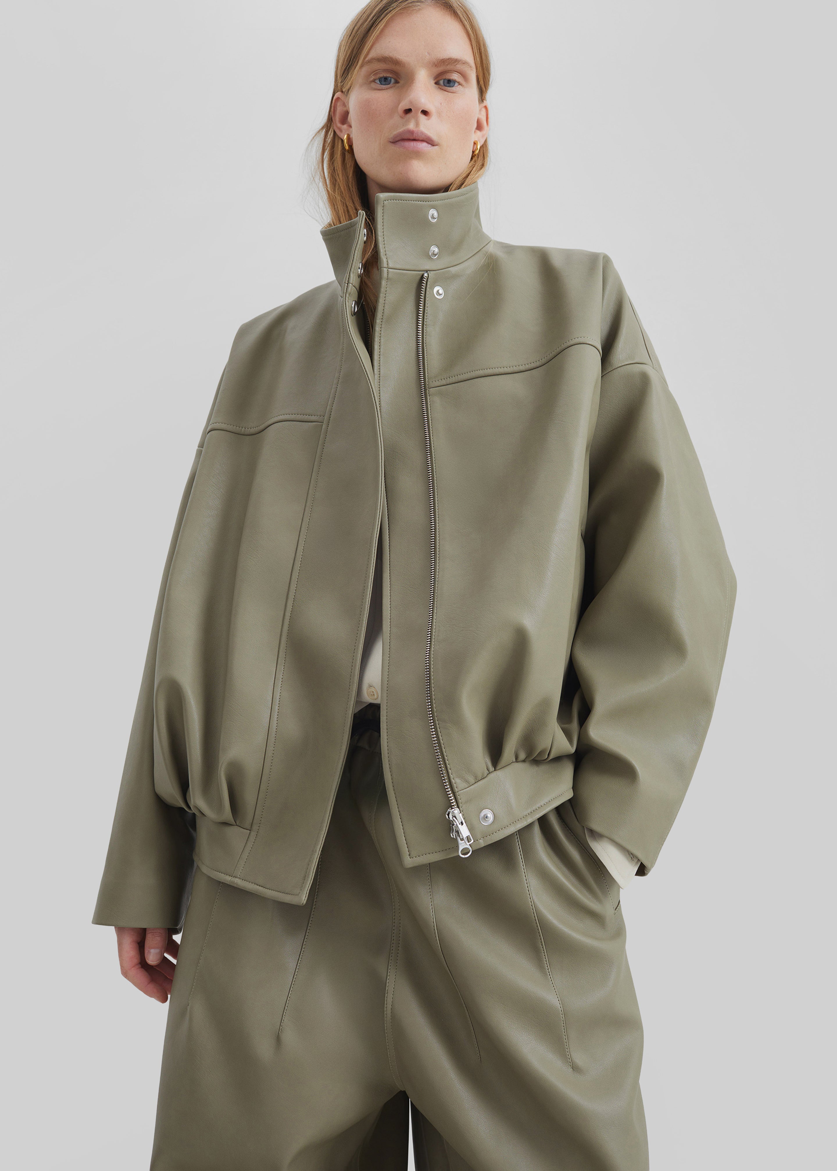 Veren Faux Leather Bomber Jacket - Sage