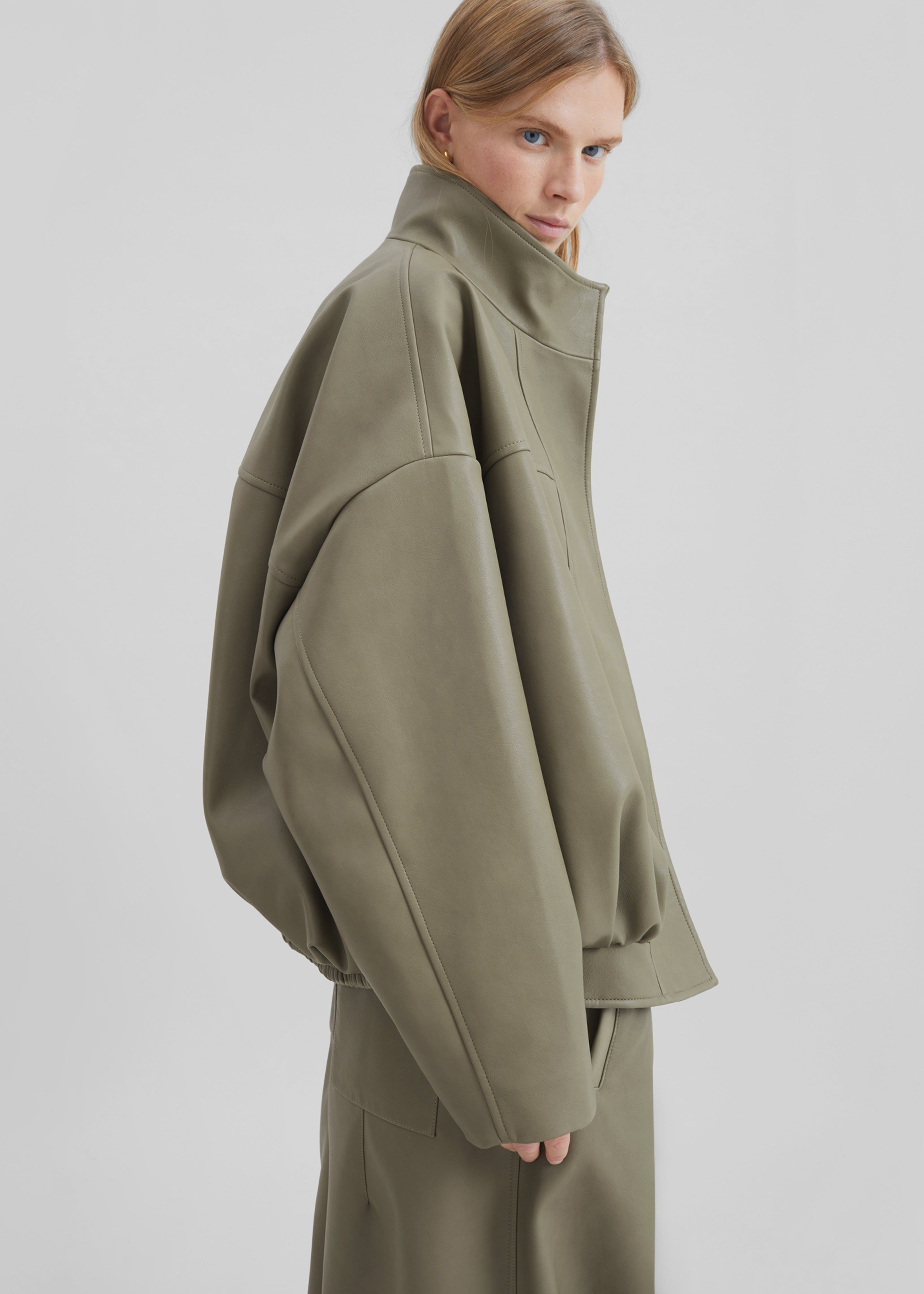 Veren Faux Leather Bomber Jacket - Sage